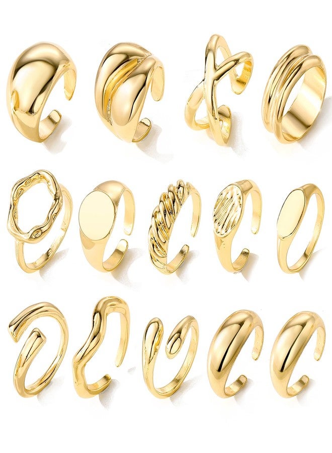 IFKM Gold Chunky Rings Set for Women 14k Gold Plated Thick Dome Stackable Open Rings Trendy Dainty Minimalist Jewelry Gifts (Flatbed wide format, Gold) - Image 1